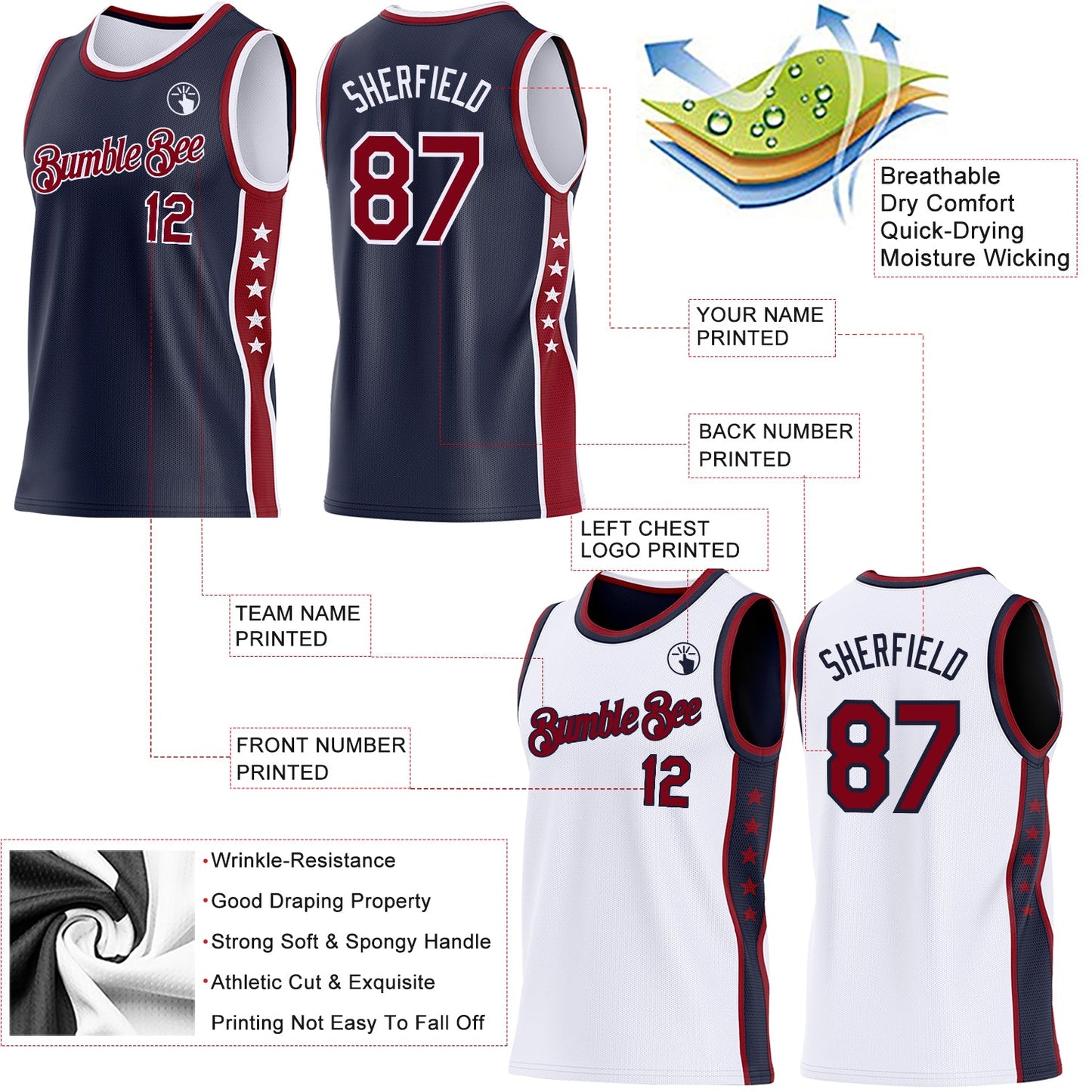 Custom Reversible Navy Crimson-White Double Side Star Sublimation Basketball Set Jersey view 5