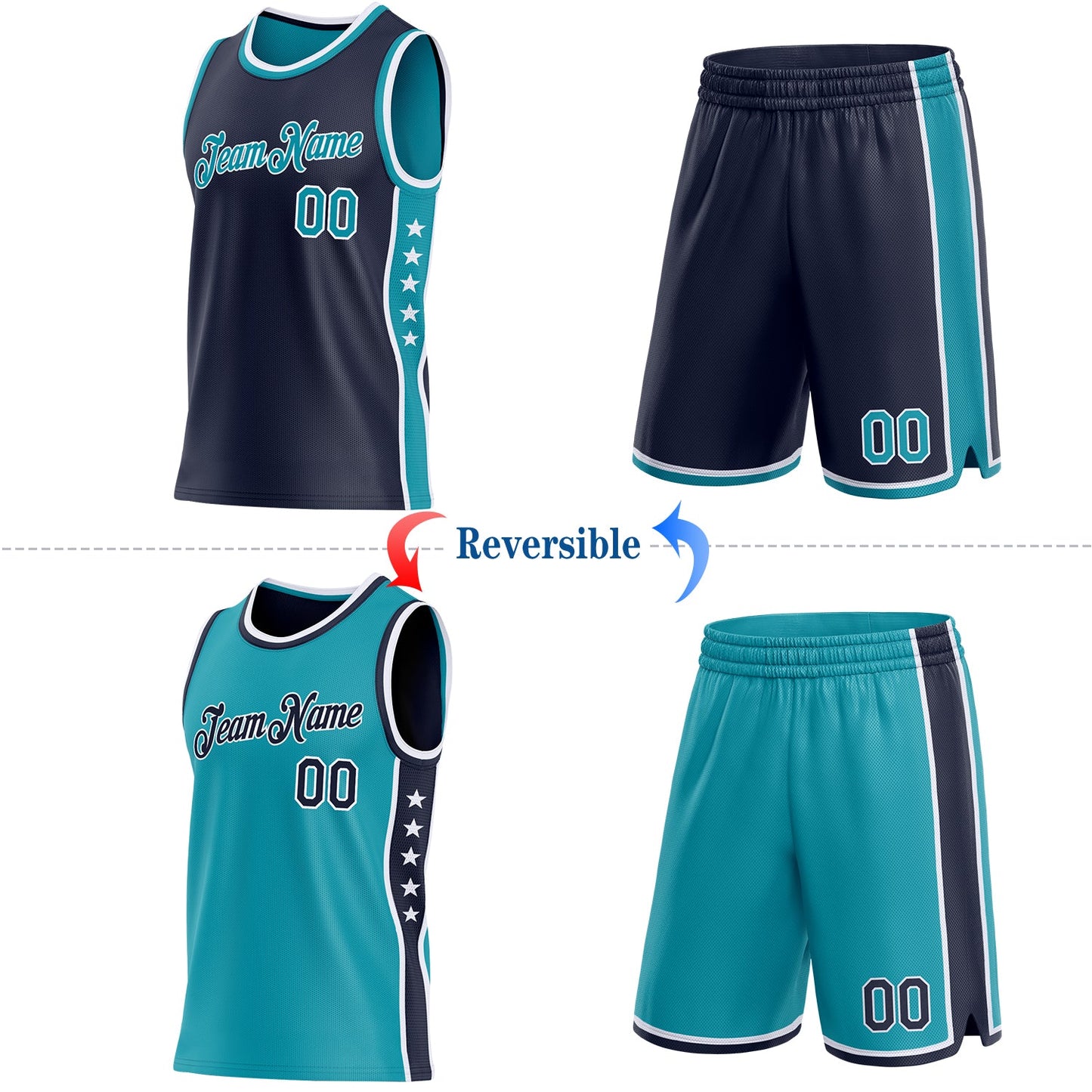 Custom Reversible Navy Teal-White Double Side Star Sublimation Basketball Set Jersey view 2
