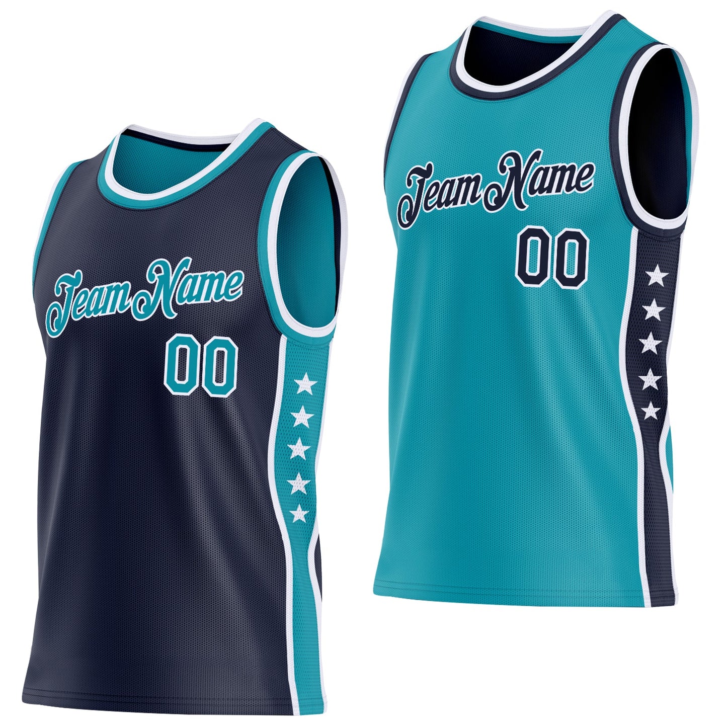 Custom Reversible Navy Teal-White Double Side Star Sublimation Basketball Set Jersey - Main View