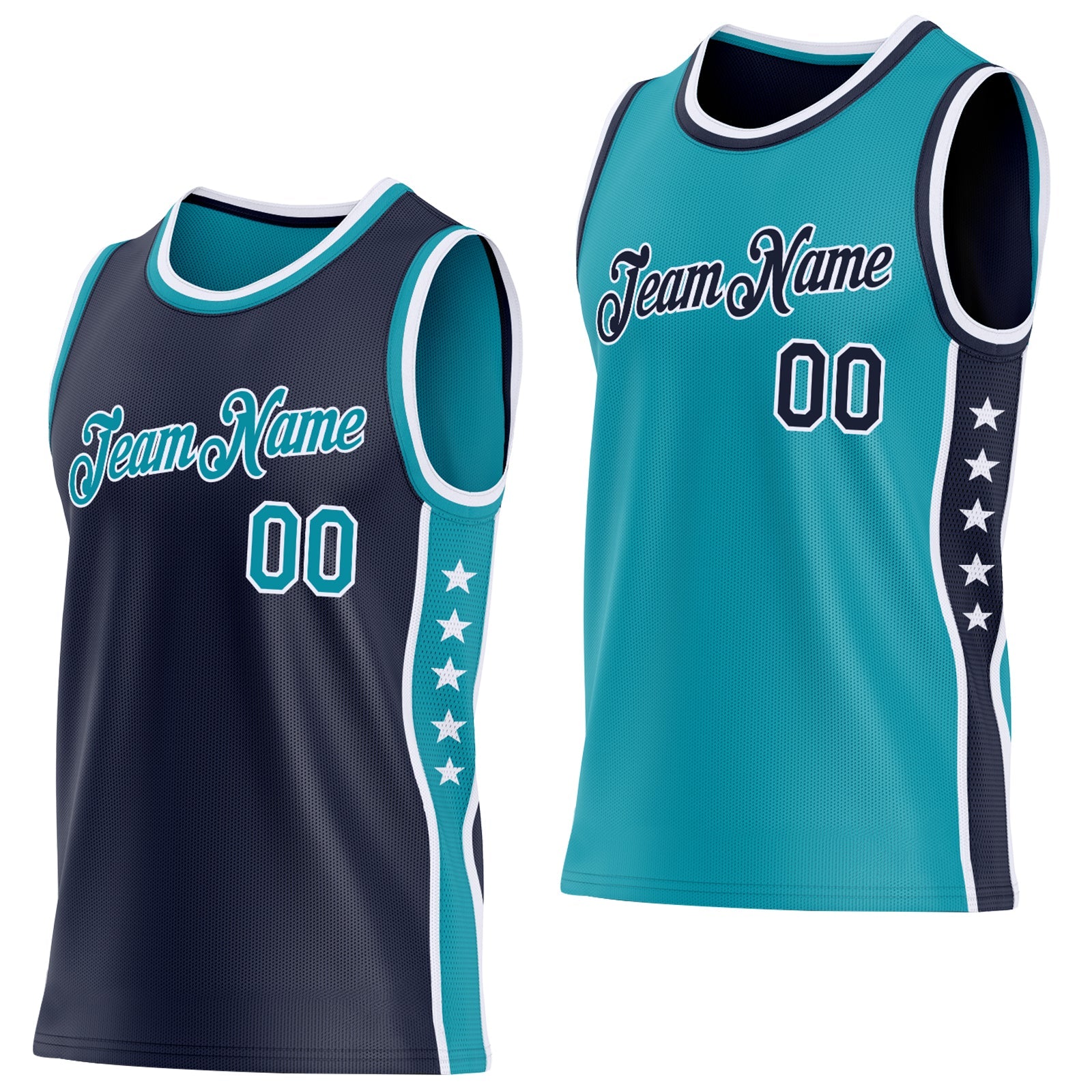 Custom Reversible Navy Teal-White Double Side Star Sublimation Basketball Set Jersey - Main View