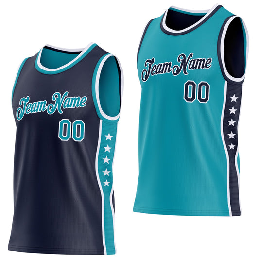 Custom Reversible Navy Teal-White Double Side Star Sublimation Basketball Set Jersey - Main View
