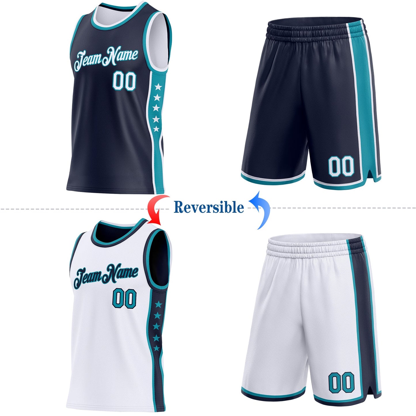 Custom Reversible Navy White-Teal Double Side Star Sublimation Basketball Set Jersey view 2