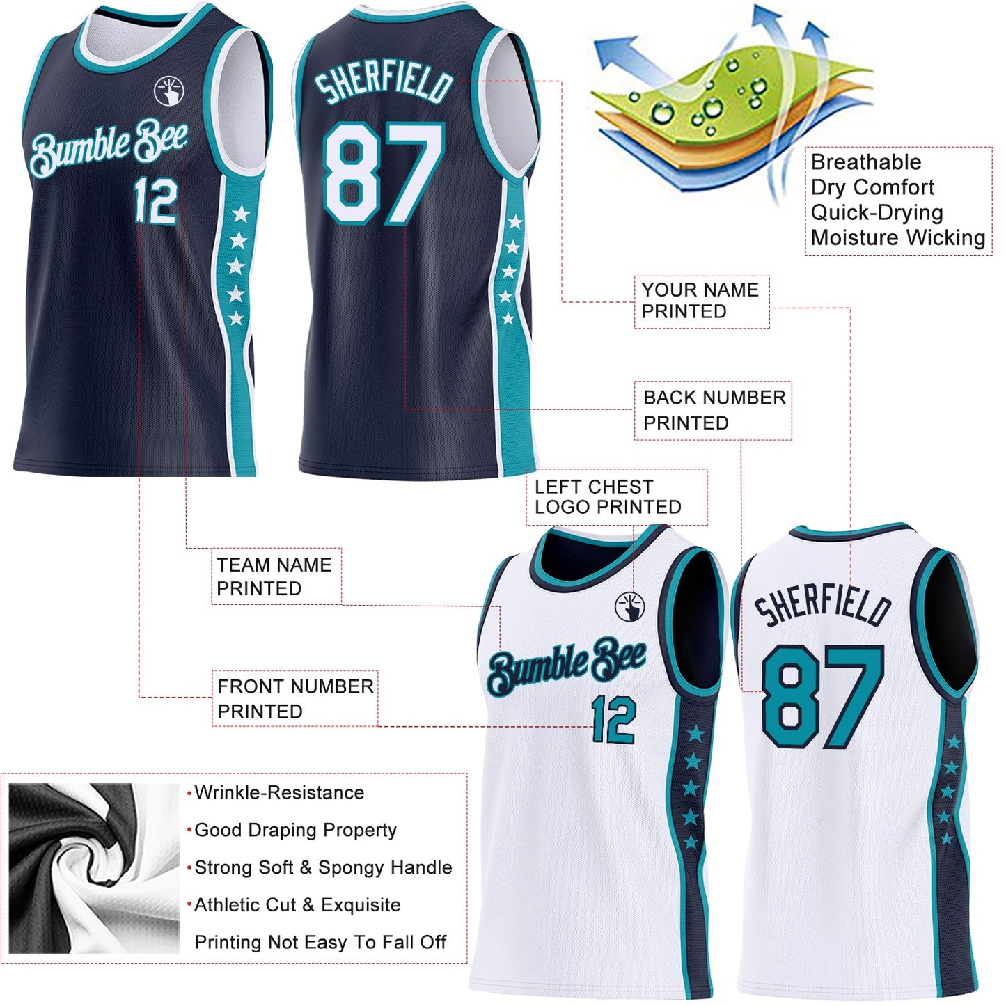 Custom Reversible Navy White-Teal Double Side Star Sublimation Basketball Set Jersey view 5