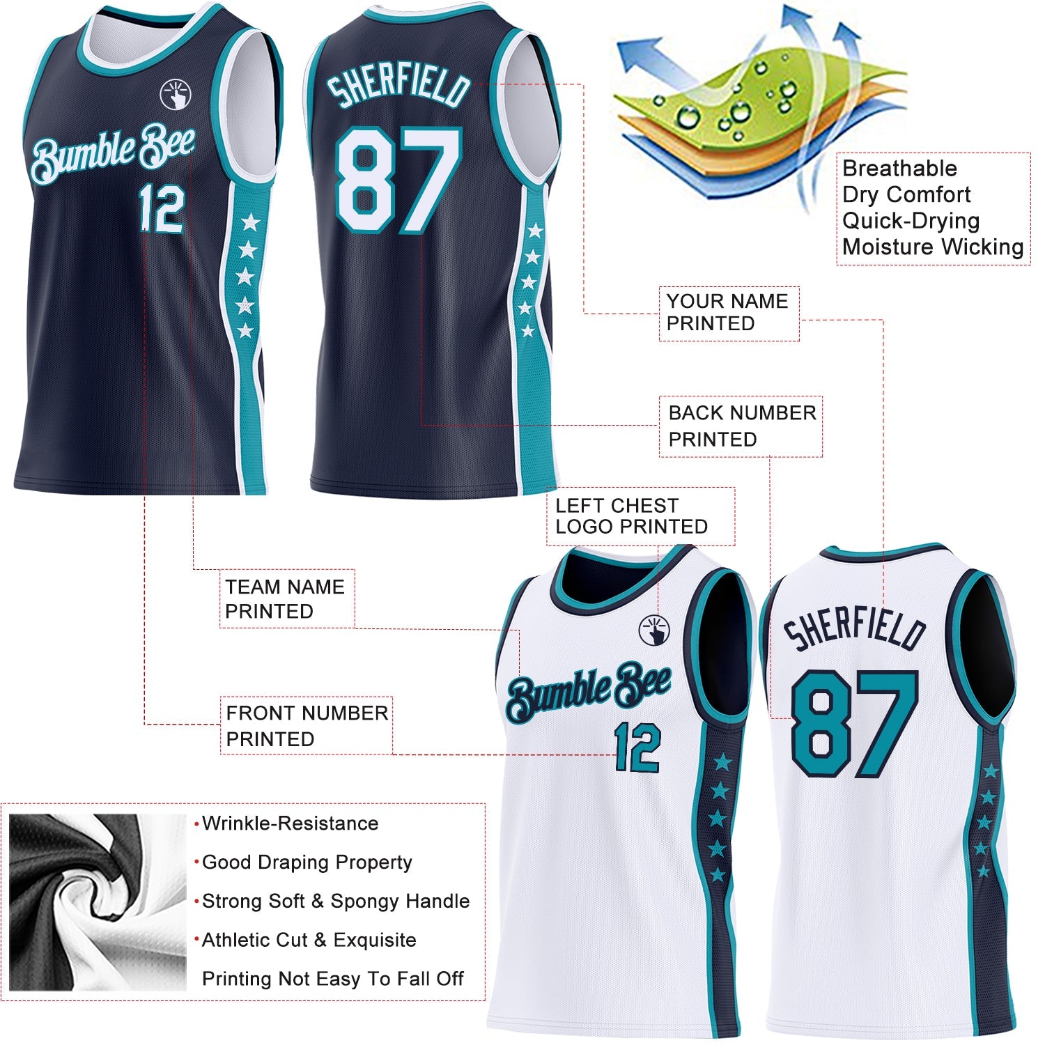 Custom Reversible Navy White-Teal Double Side Star Sublimation Basketball Set Jersey view 5