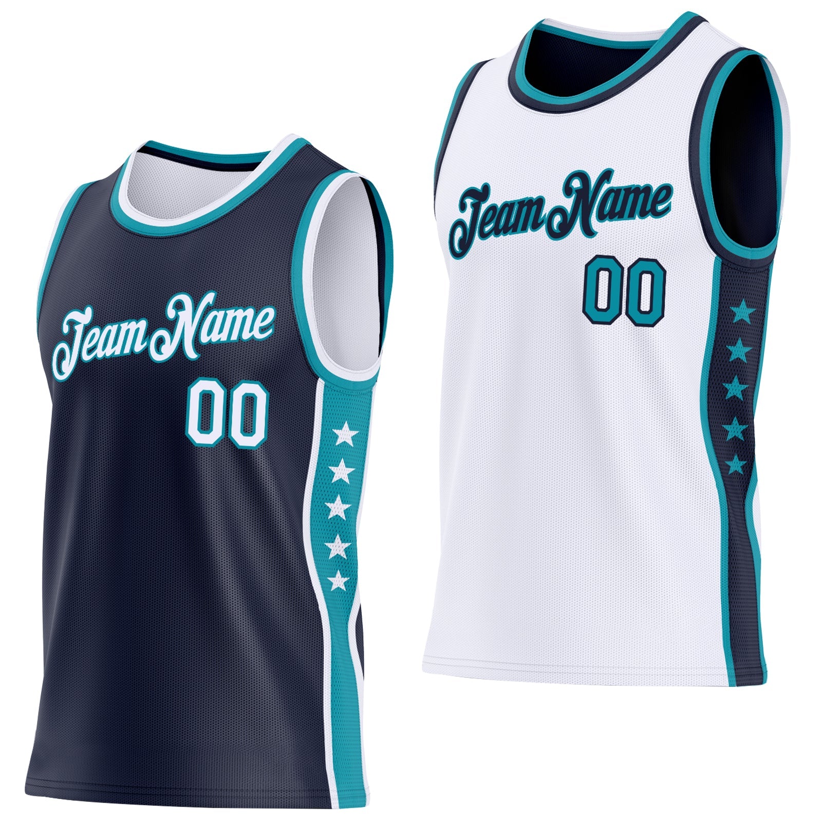 Custom Reversible Navy White-Teal Double Side Star Sublimation Basketball Set Jersey - Main View