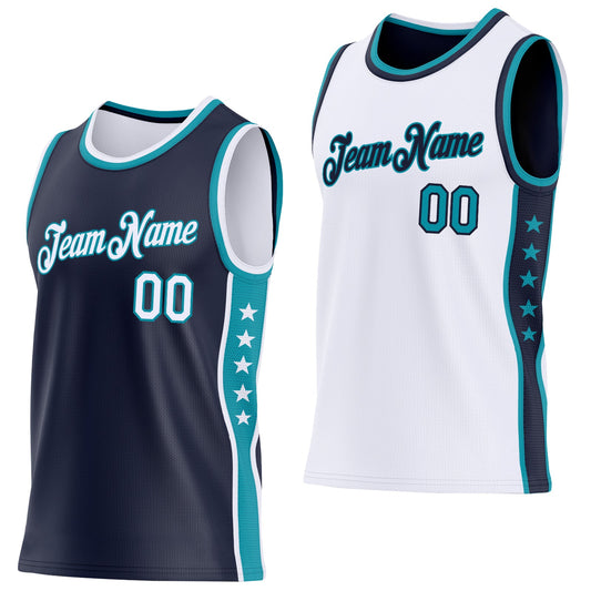 Custom Reversible Navy White-Teal Double Side Star Sublimation Basketball Set Jersey - Main View