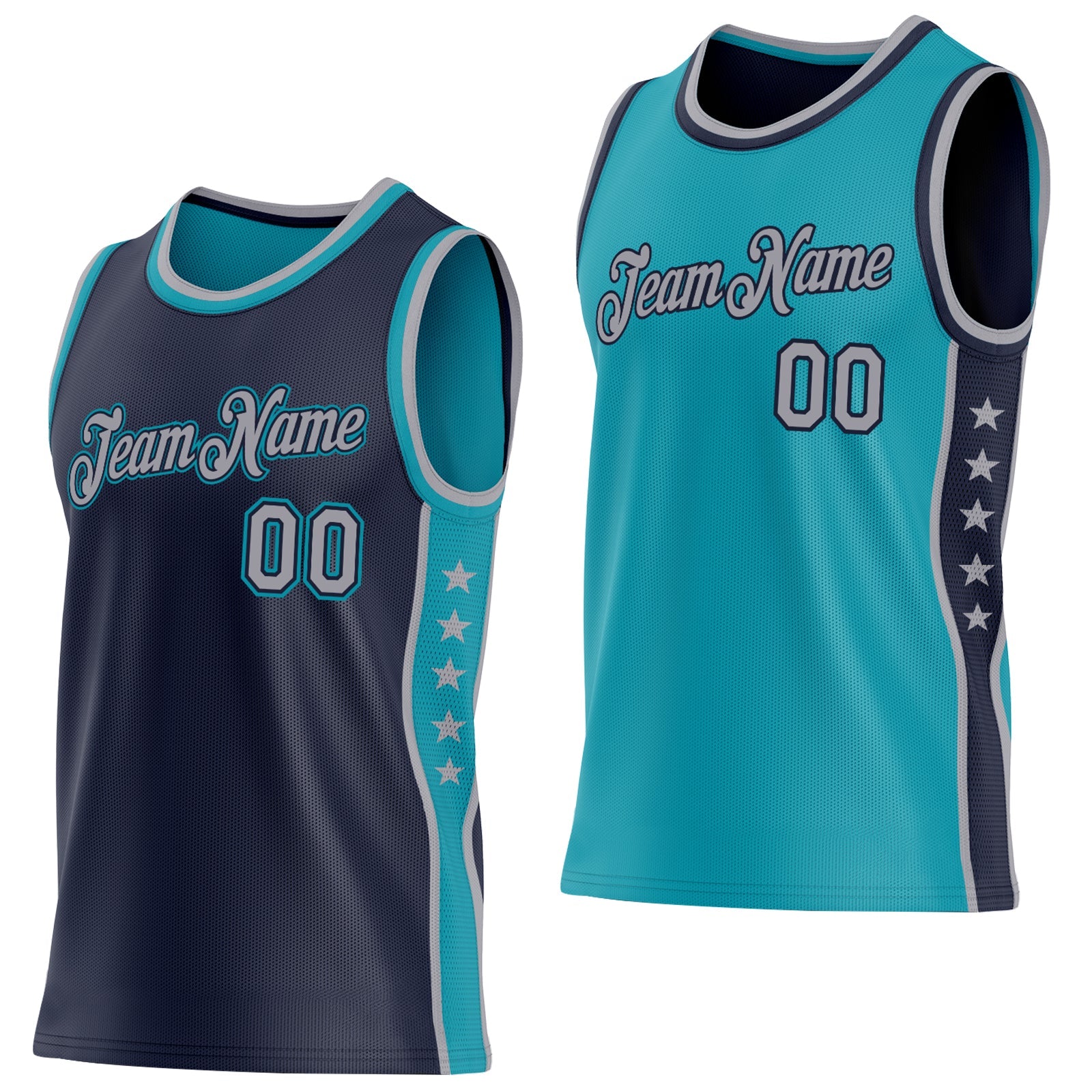 Custom Reversible Navy Gray-Teal Double Side Star Sublimation Basketball Set Jersey - Main View