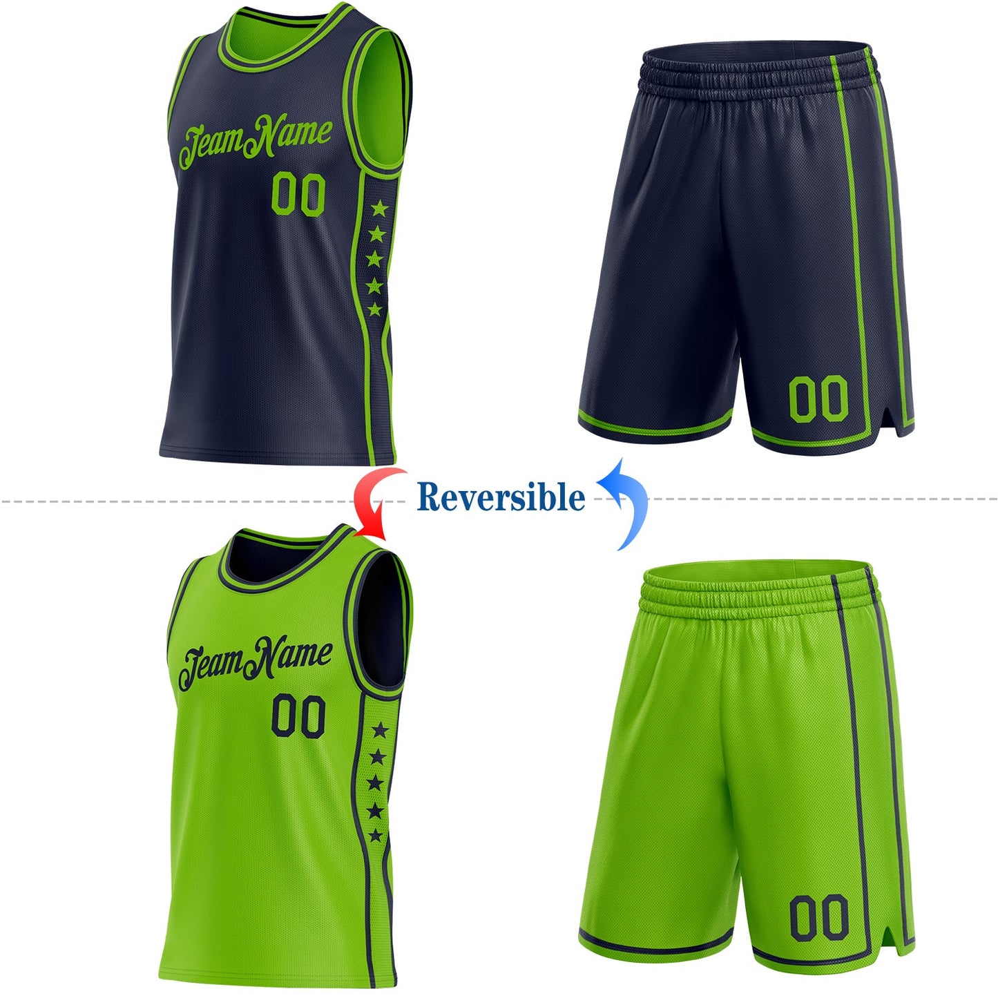 Custom Reversible Navy Neon Green Double Side Star Sublimation Basketball Set Jersey view 2