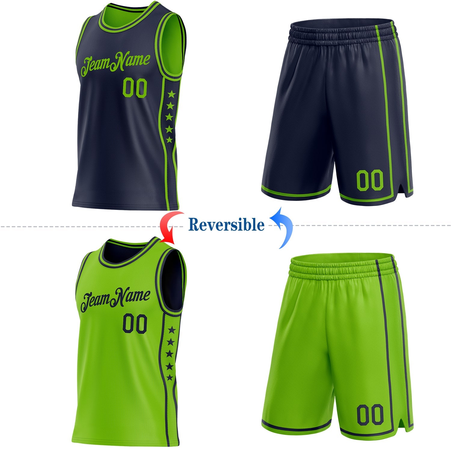 Custom Reversible Navy Neon Green Double Side Star Sublimation Basketball Set Jersey view 2