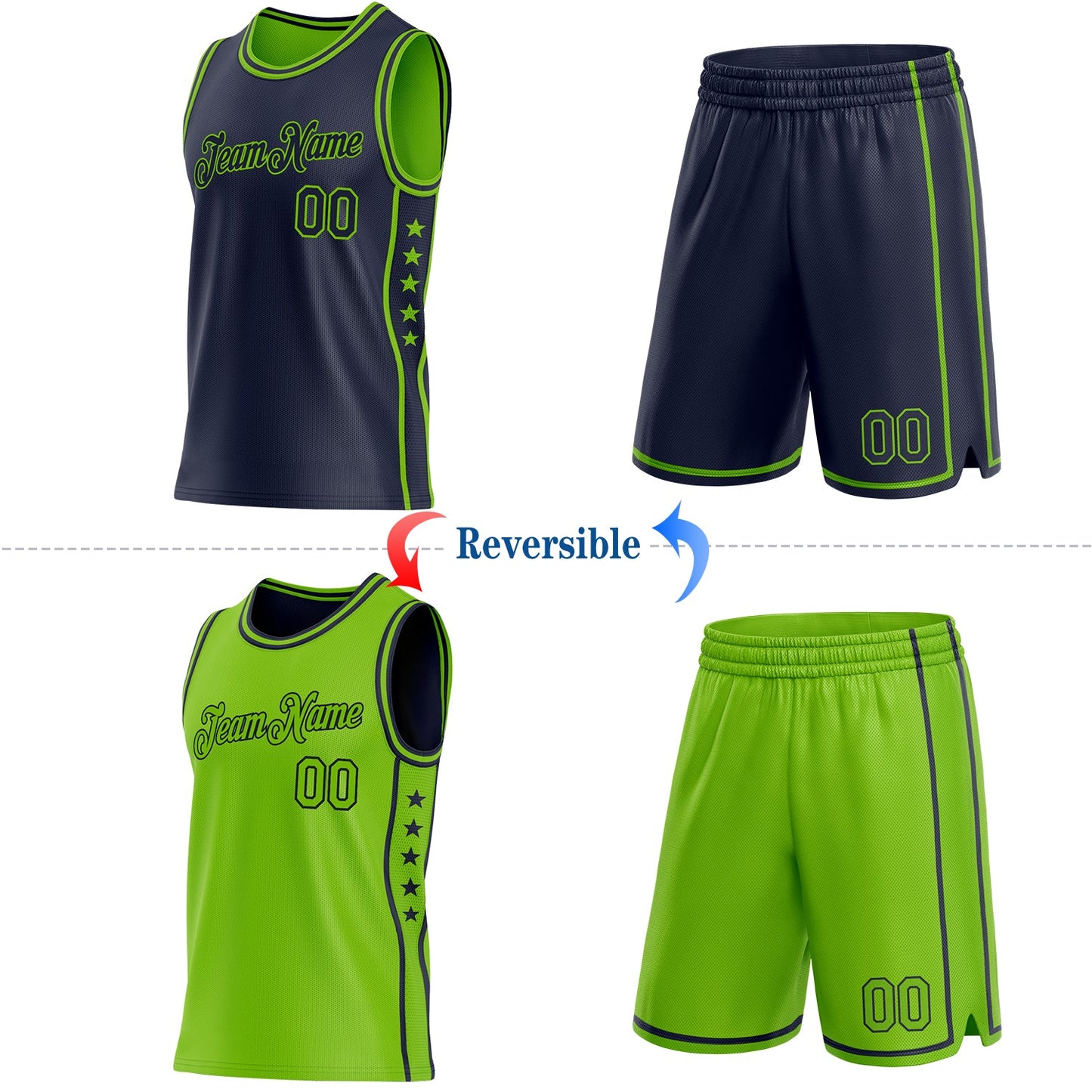 Custom Reversible Navy Neon Green Double Side Star Sublimation Basketball Set Jersey view 2