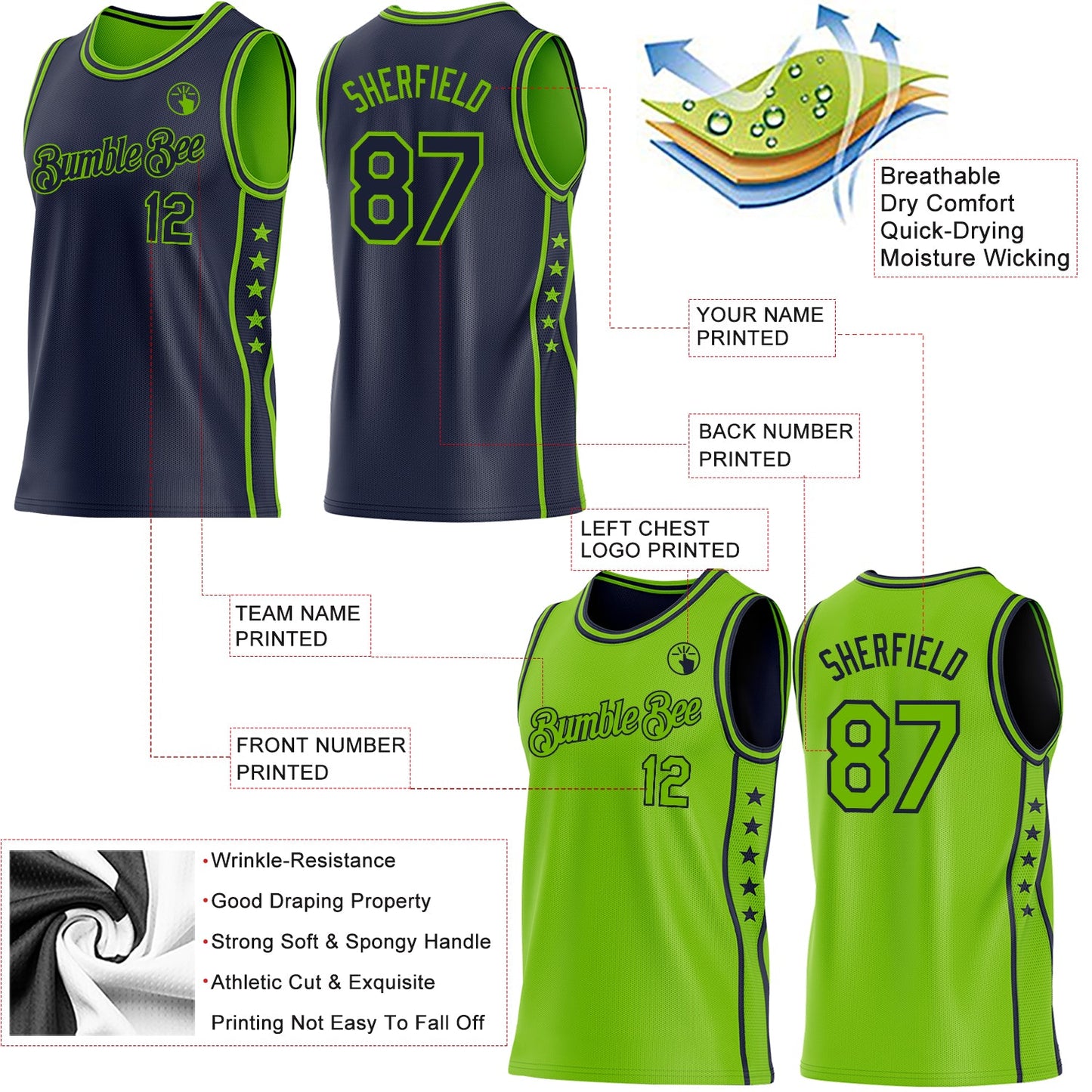 Custom Reversible Navy Neon Green Double Side Star Sublimation Basketball Set Jersey view 5