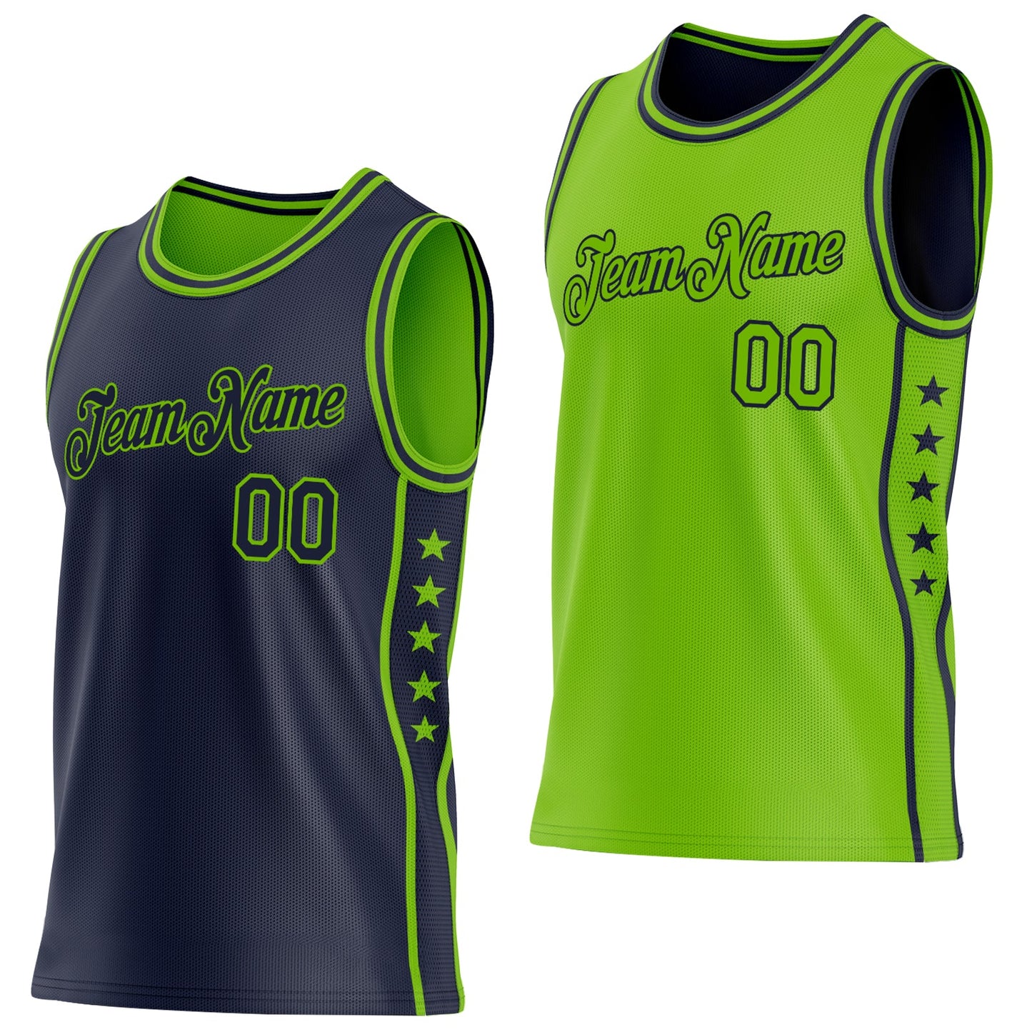 Custom Reversible Navy Neon Green Double Side Star Sublimation Basketball Set Jersey - Main View