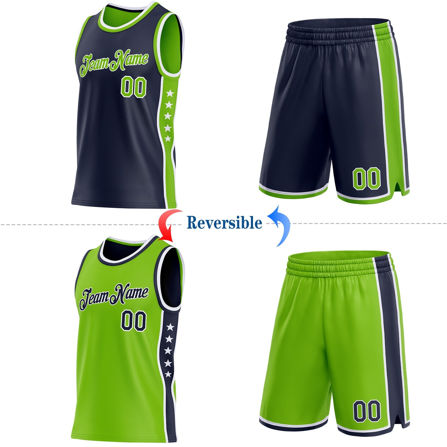 Custom Reversible Navy Neon Green-White Double Side Star Sublimation Basketball Set Jersey view 2