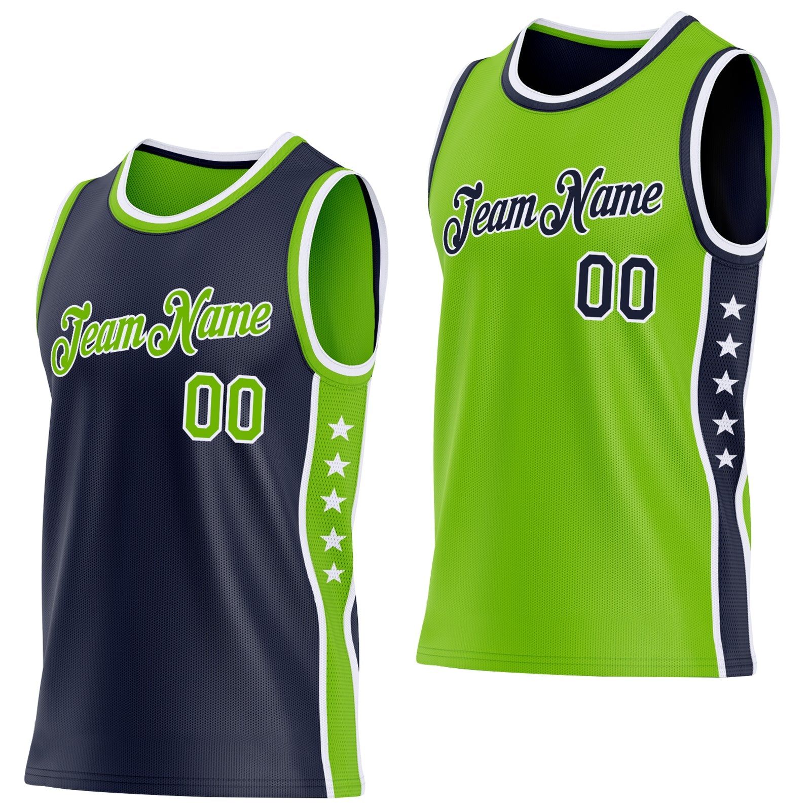 Custom Reversible Navy Neon Green-White Double Side Star Sublimation Basketball Set Jersey - Main View