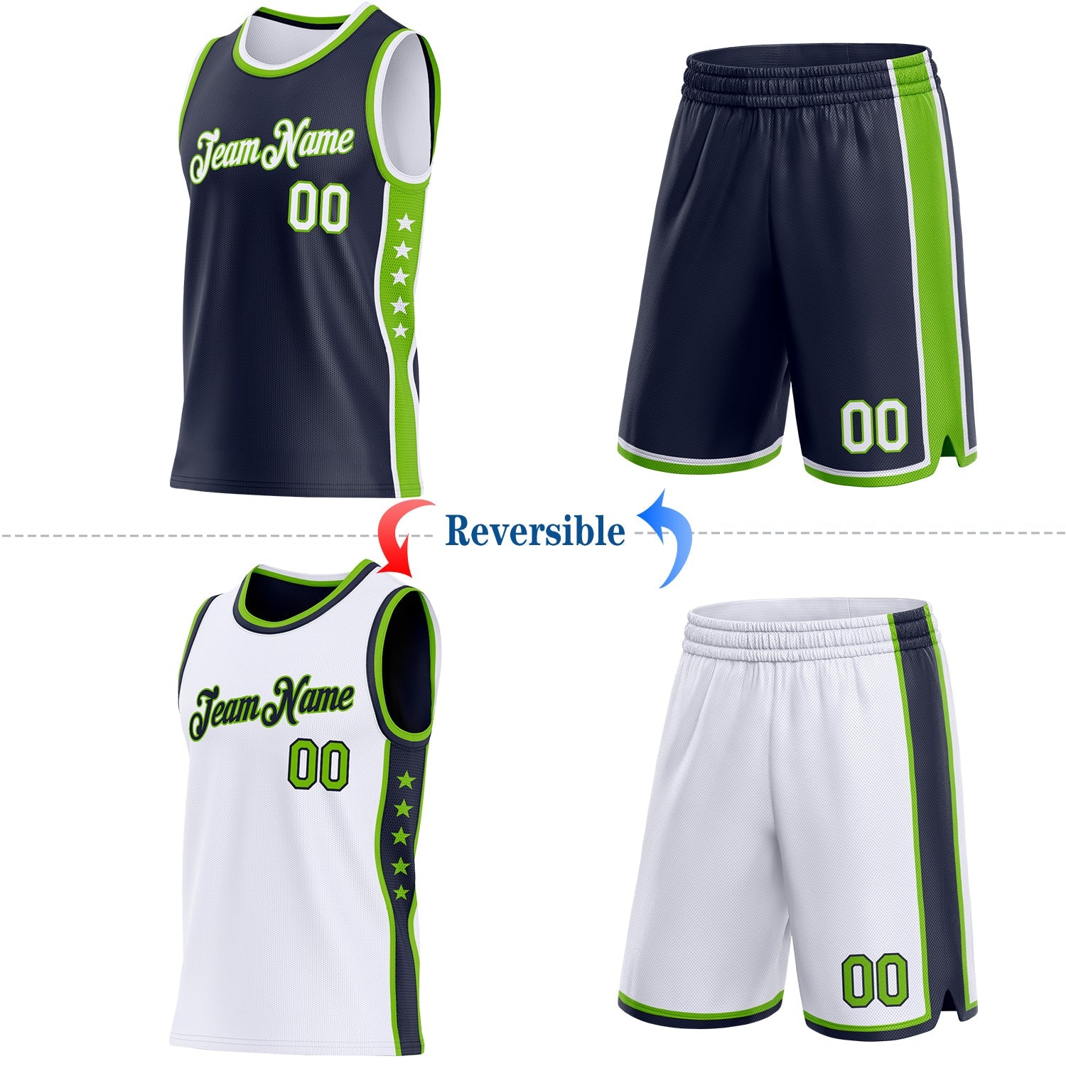 Custom Reversible Navy White-Neon Green Double Side Star Sublimation Basketball Set Jersey view 2