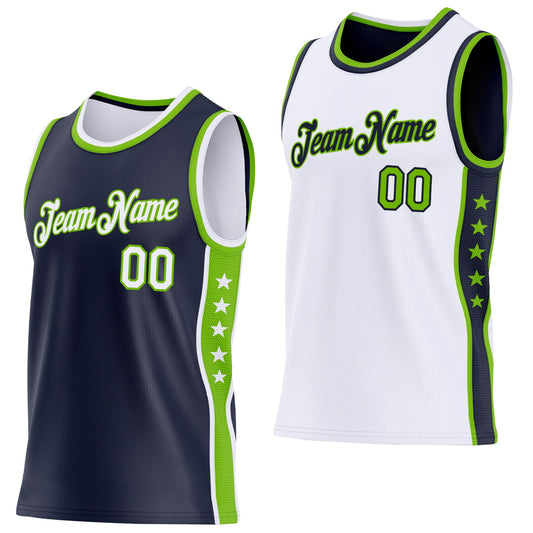 Custom Reversible Navy White-Neon Green Double Side Star Sublimation Basketball Set Jersey - Main View