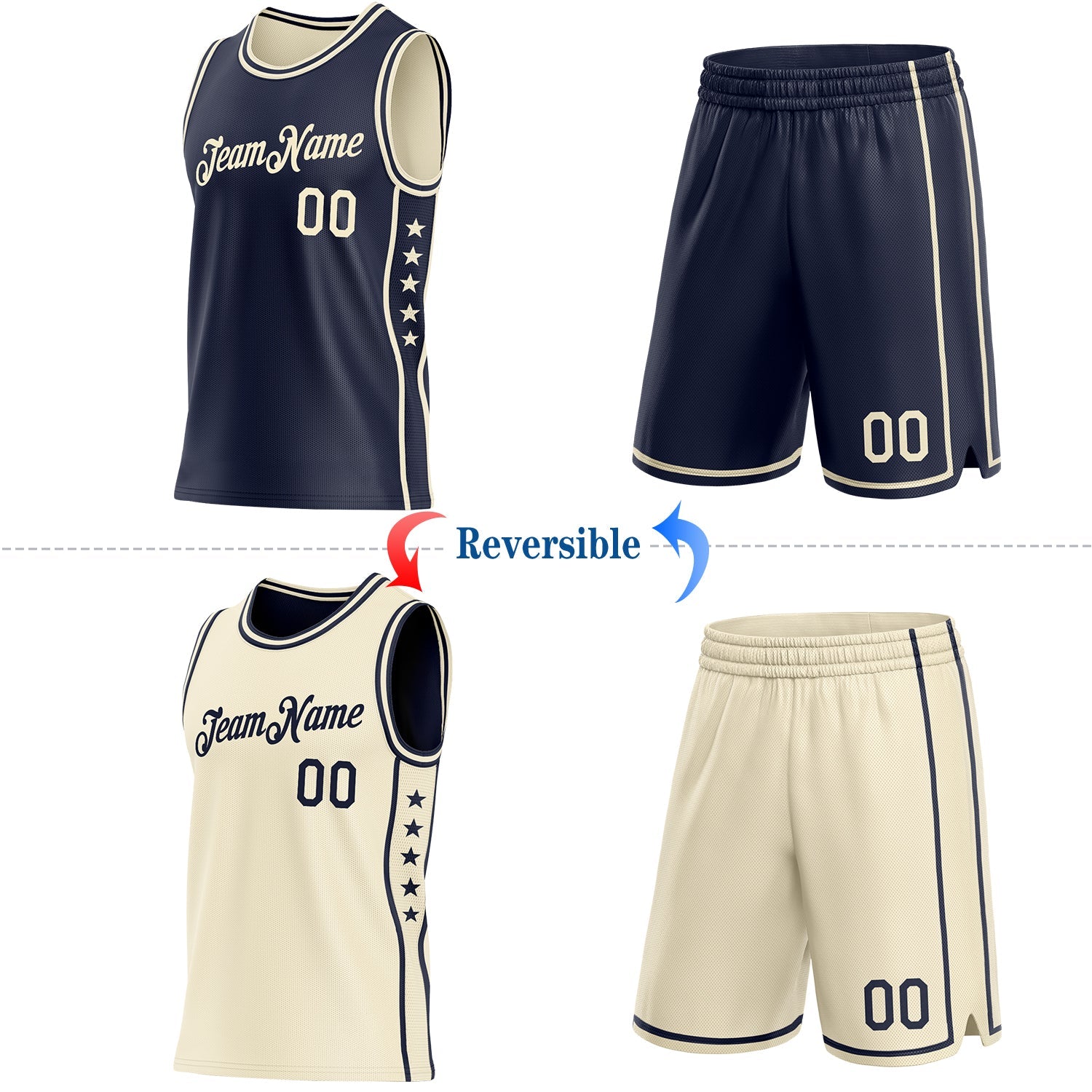 Custom Reversible Navy Cream Double Side Star Sublimation Basketball Set Jersey view 2