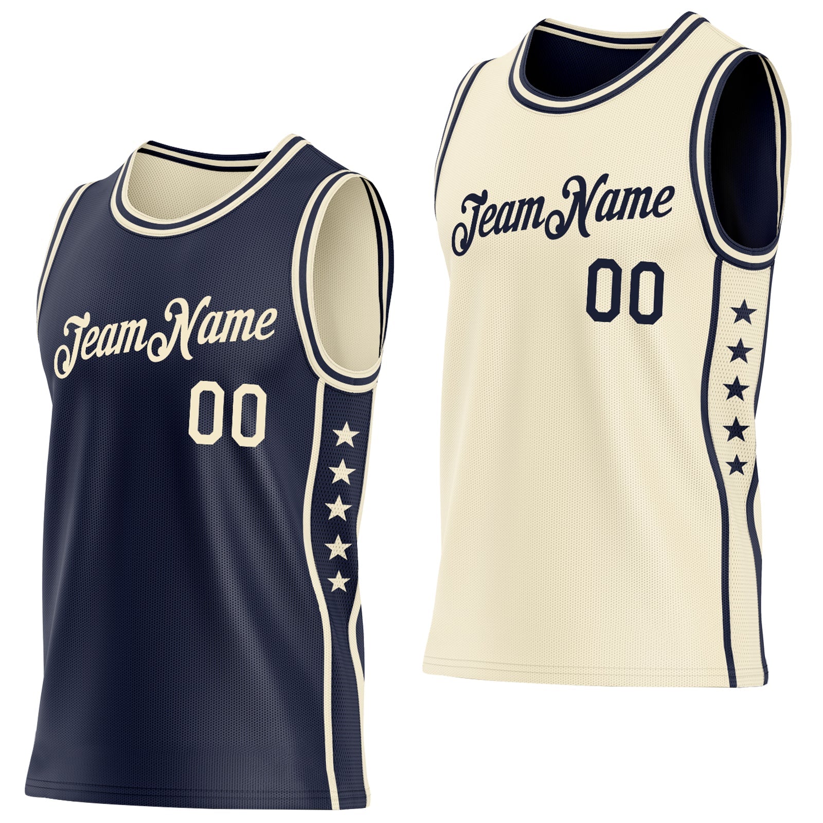 Custom Reversible Navy Cream Double Side Star Sublimation Basketball Set Jersey - Main View