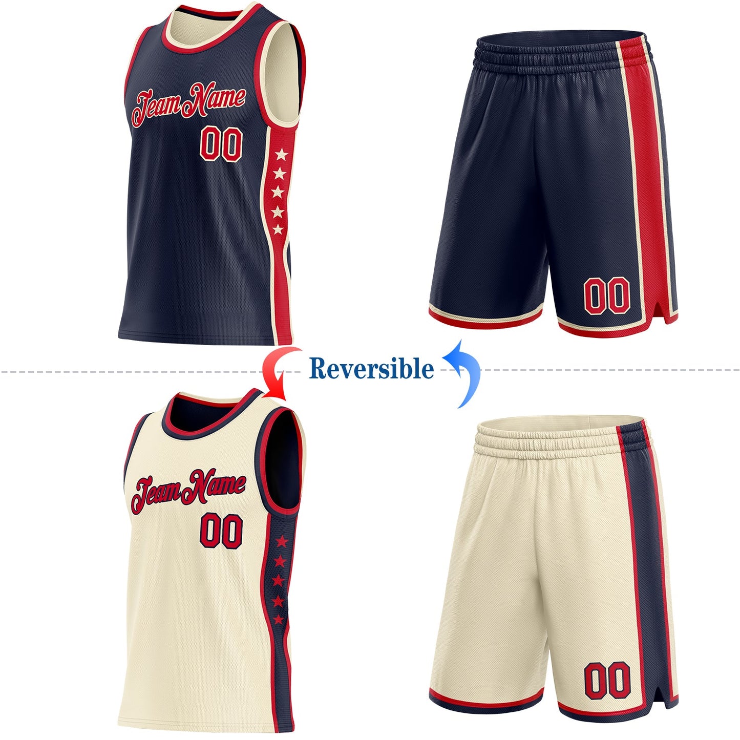 Custom Reversible Navy Red-Cream Double Side Star Sublimation Basketball Set Jersey view 2