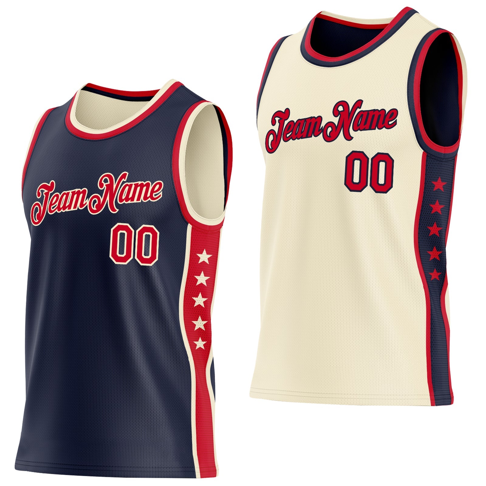 Custom Reversible Navy Red-Cream Double Side Star Sublimation Basketball Set Jersey - Main View
