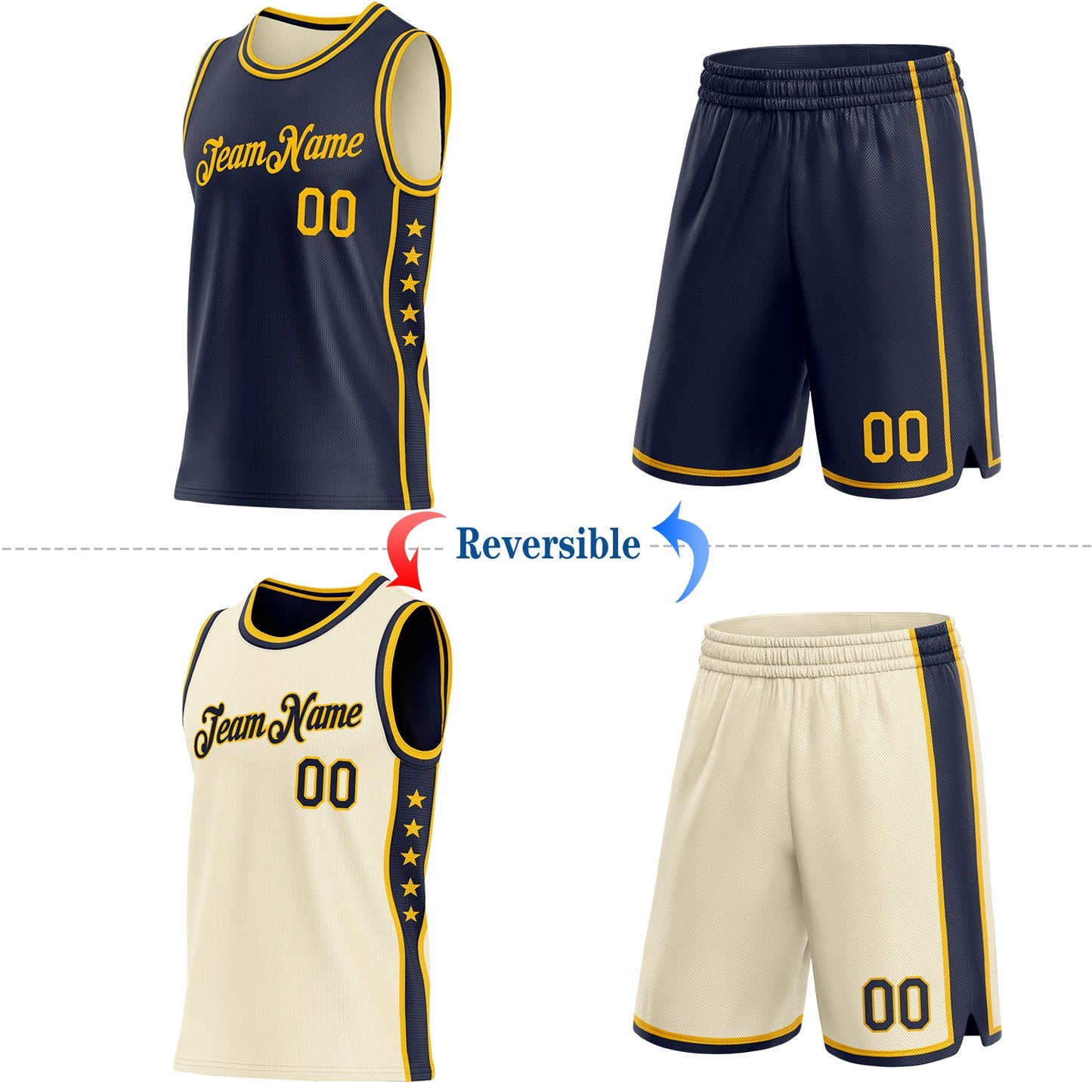 Custom Reversible Navy Gold Double Side Star Sublimation Basketball Set Jersey view 2