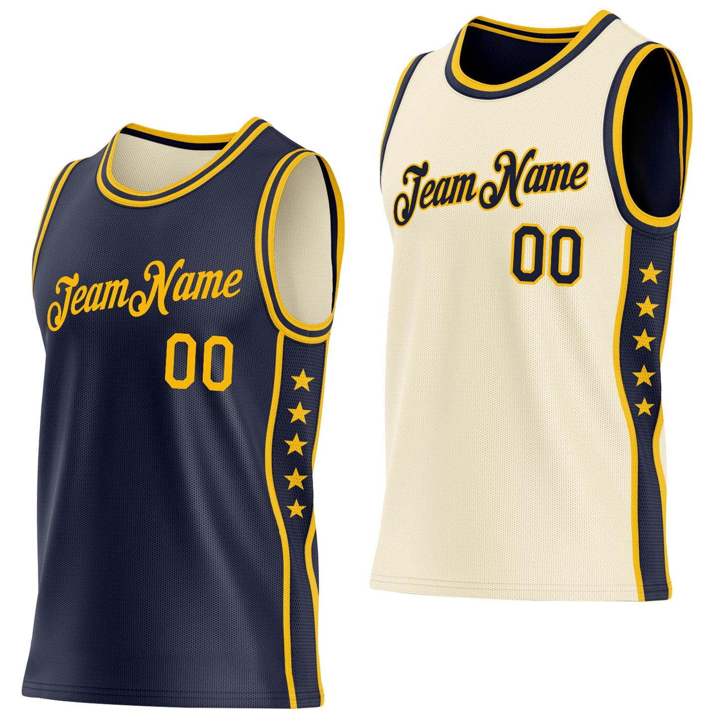 Custom Reversible Navy Gold Double Side Star Sublimation Basketball Set Jersey - Main View