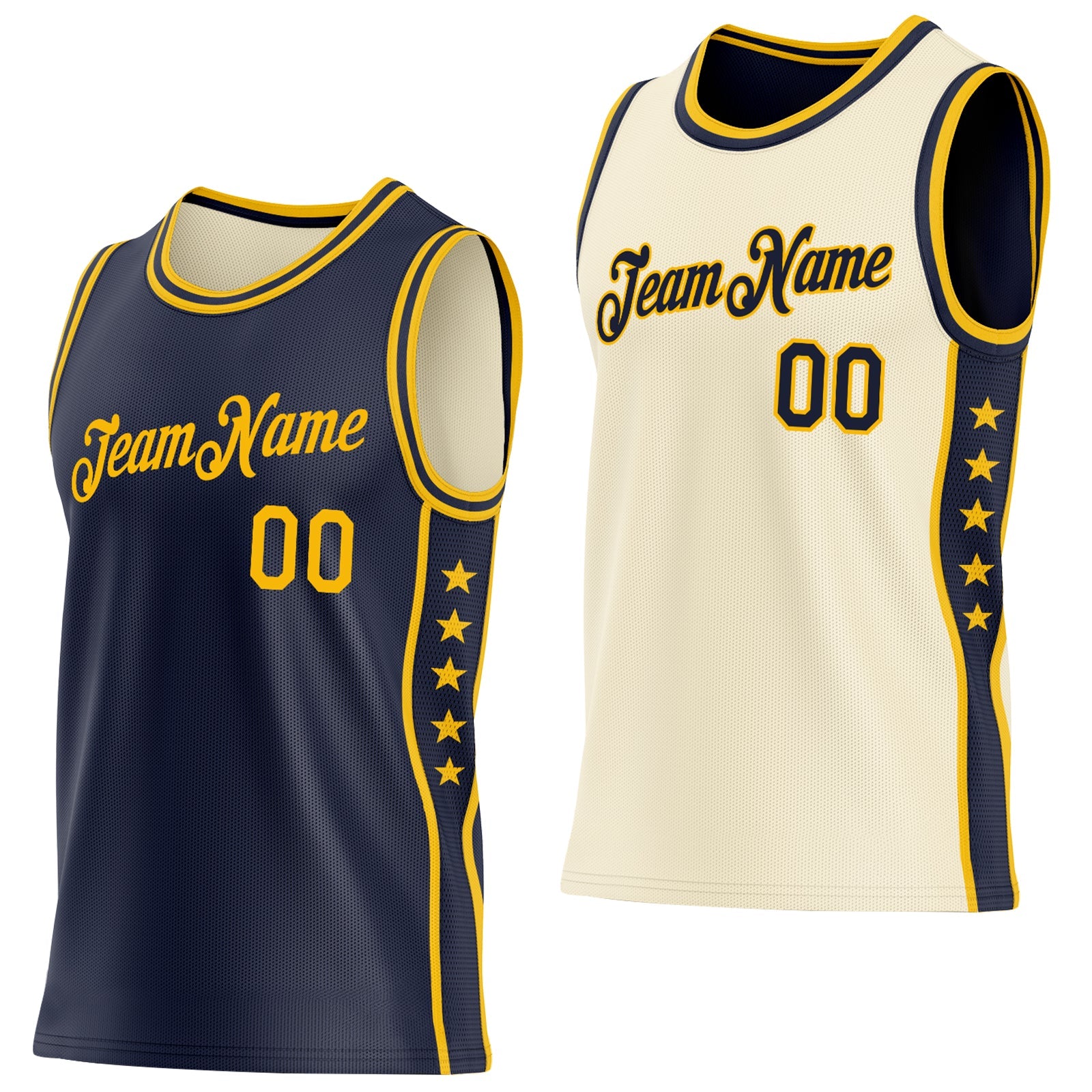 Custom Reversible Navy Gold Double Side Star Sublimation Basketball Set Jersey - Main View