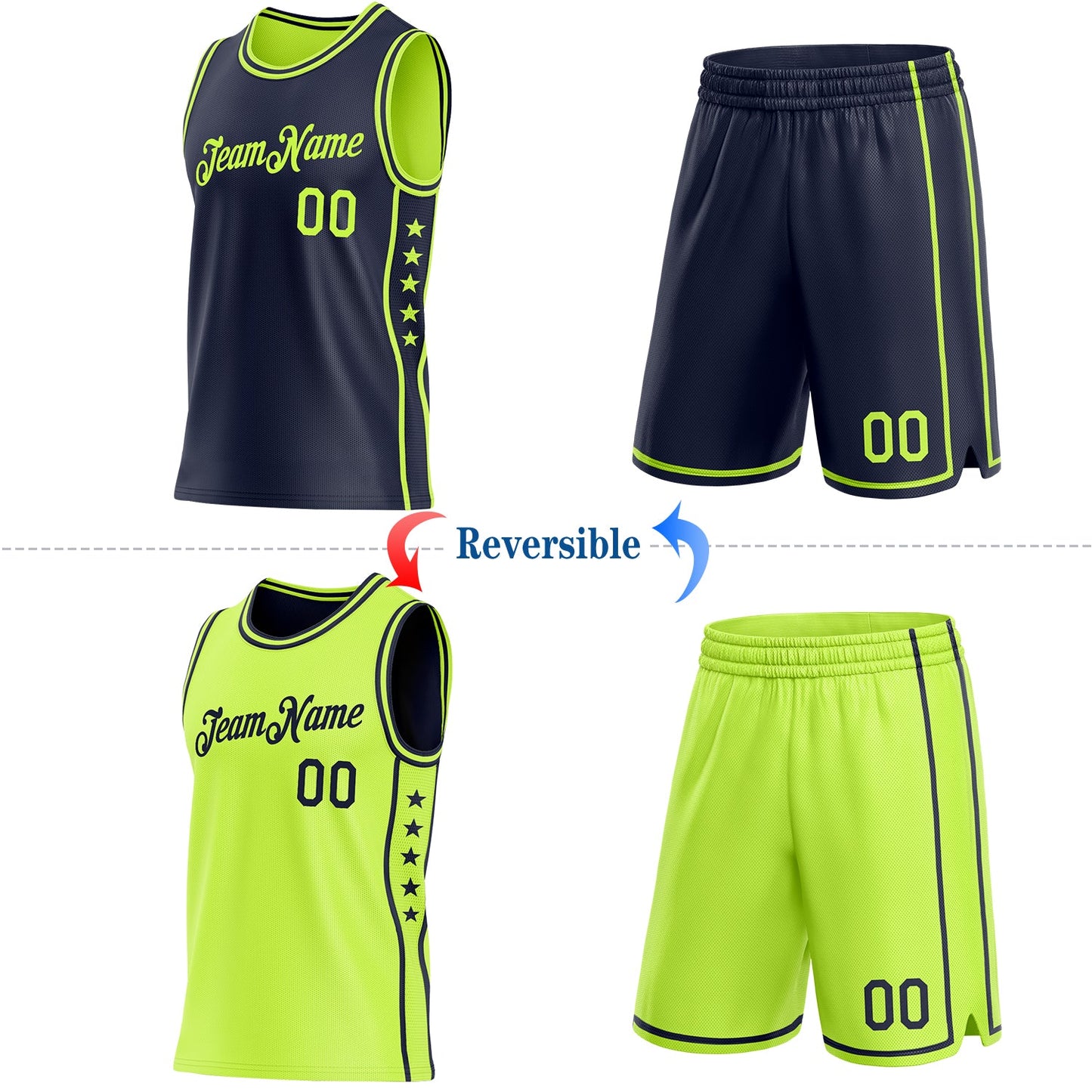 Custom Reversible Navy Neon Green Double Side Star Sublimation Basketball Set Jersey view 2