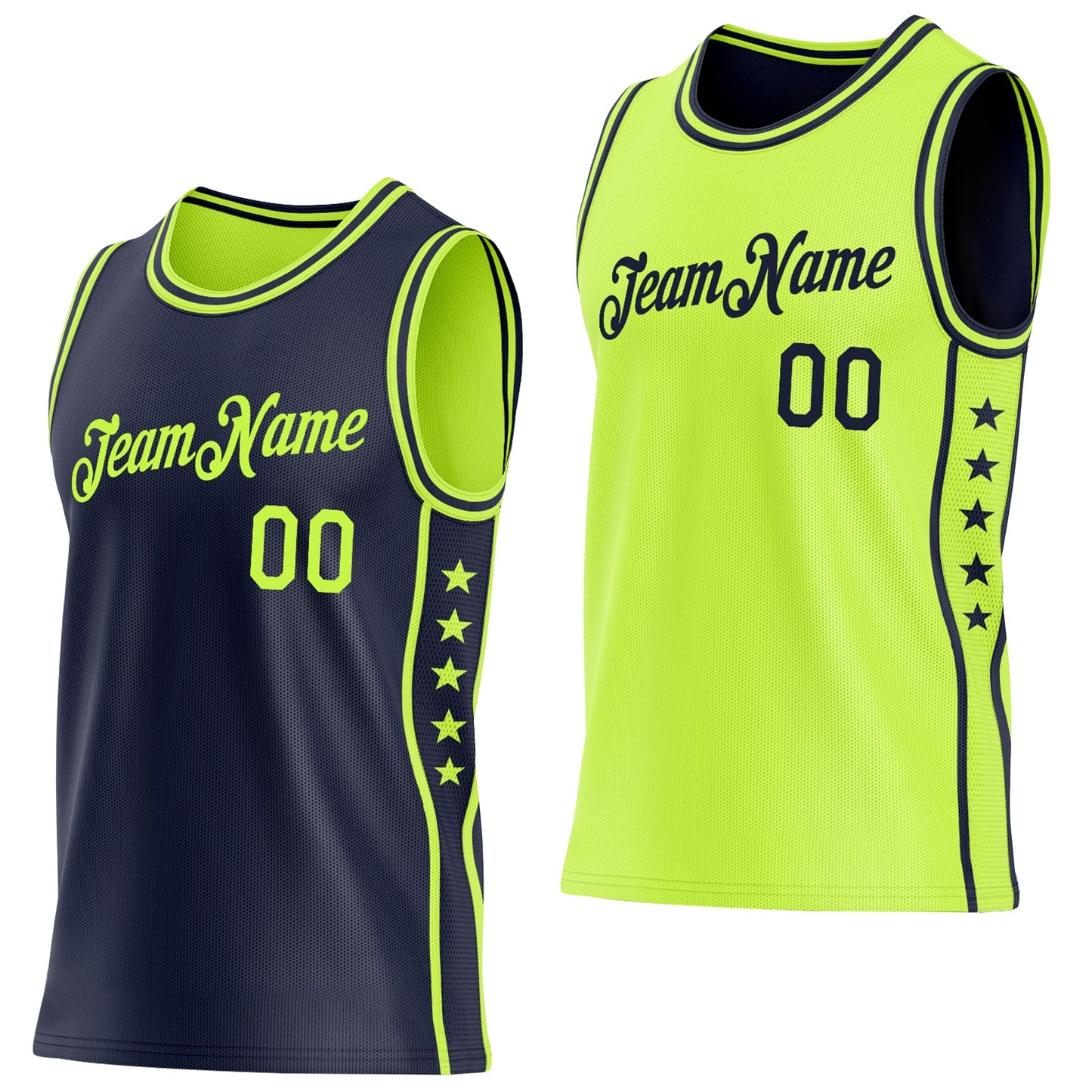 Custom Reversible Navy Neon Green Double Side Star Sublimation Basketball Set Jersey - Main View