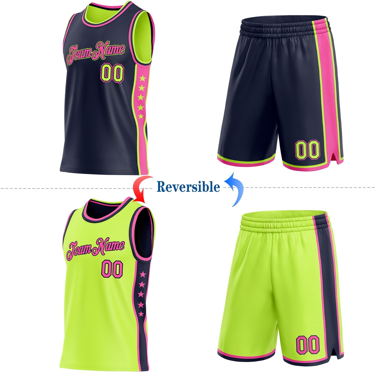 Custom Reversible Navy Neon Green-Pink Double Side Star Sublimation Basketball Set Jersey view 2