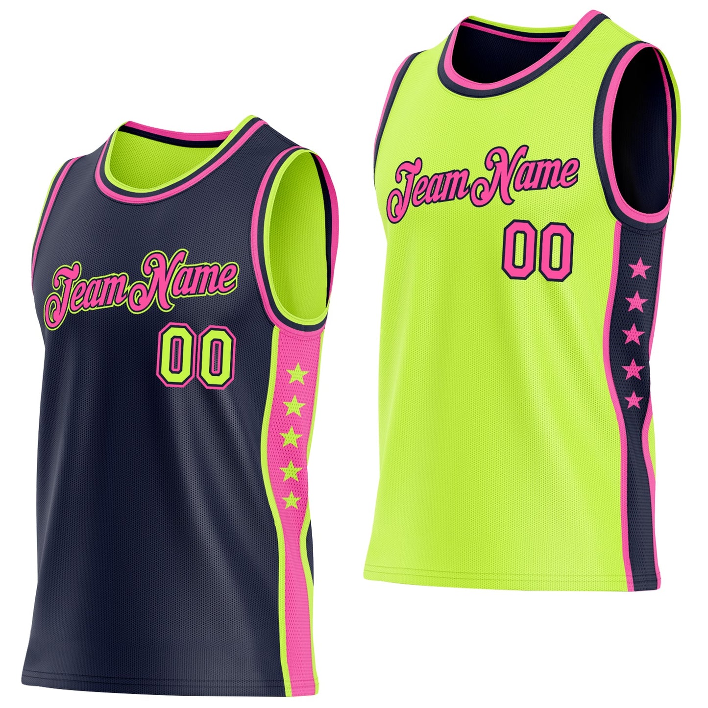 Custom Reversible Navy Neon Green-Pink Double Side Star Sublimation Basketball Set Jersey - Main View