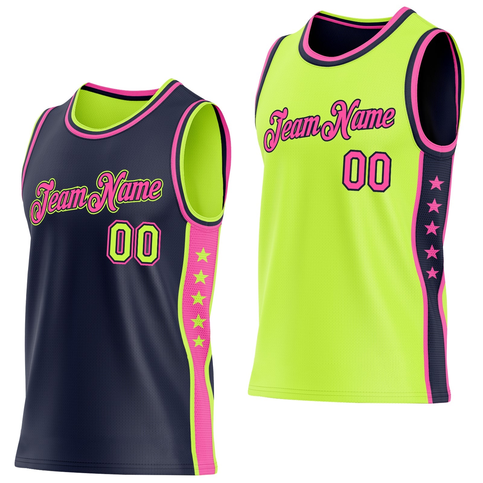 Custom Reversible Navy Neon Green-Pink Double Side Star Sublimation Basketball Set Jersey - Main View