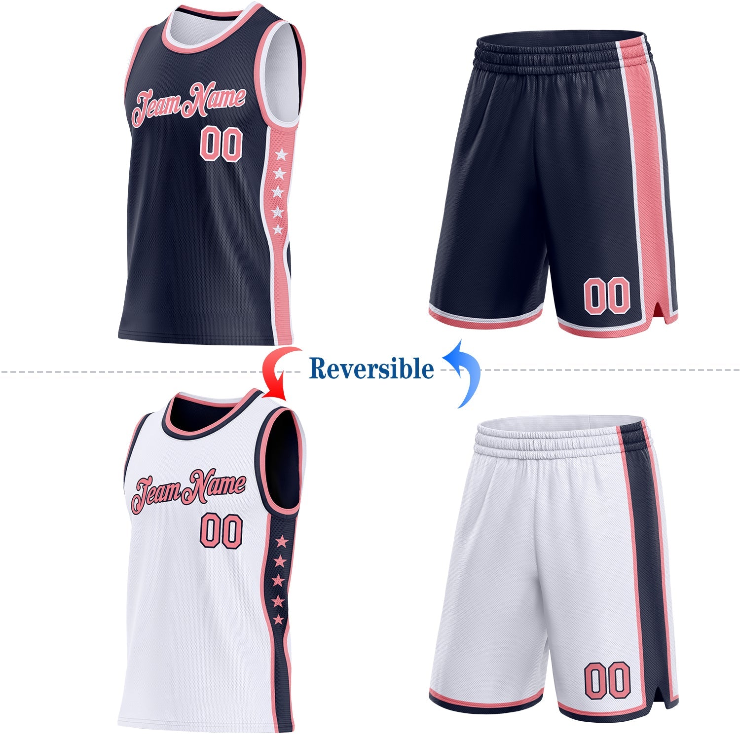 Custom Reversible Navy Medium Pink-White Double Side Star Sublimation Basketball Set Jersey view 2