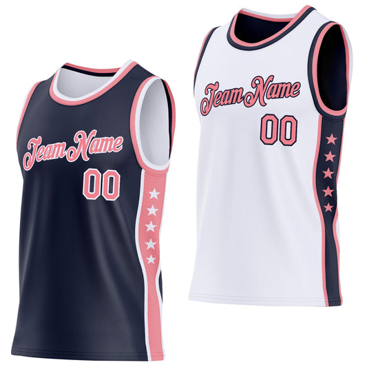 Custom Reversible Navy Medium Pink-White Double Side Star Sublimation Basketball Set Jersey - Main View