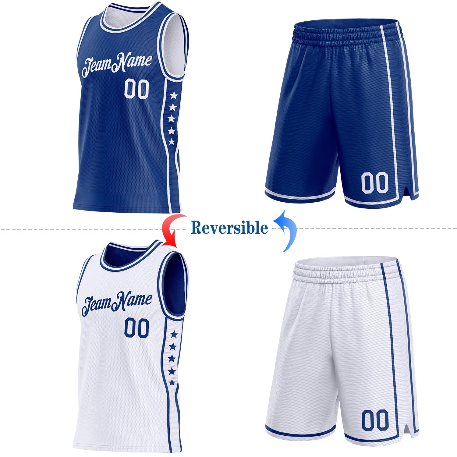 Custom Reversible Royal White Double Side Star Sublimation Basketball Set Jersey view 2