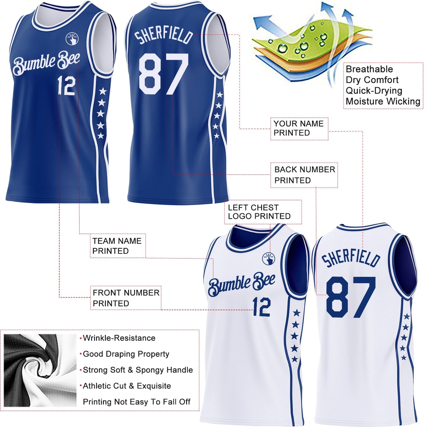 Custom Reversible Royal White Double Side Star Sublimation Basketball Set Jersey view 5