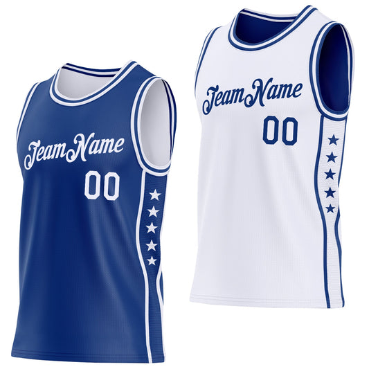 Custom Reversible Royal White Double Side Star Sublimation Basketball Set Jersey - Main View