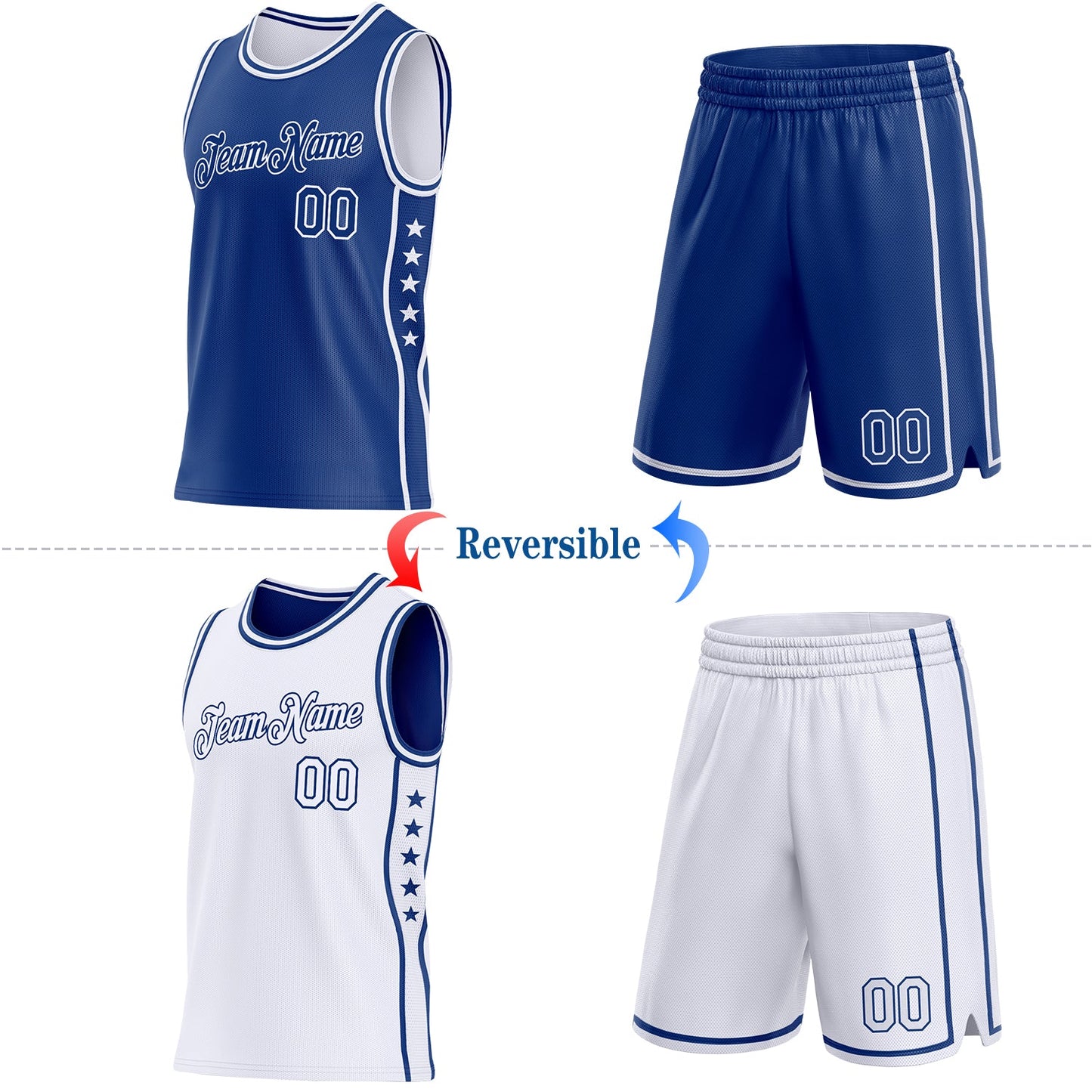 Custom Reversible Royal White Double Side Star Sublimation Basketball Set Jersey view 2