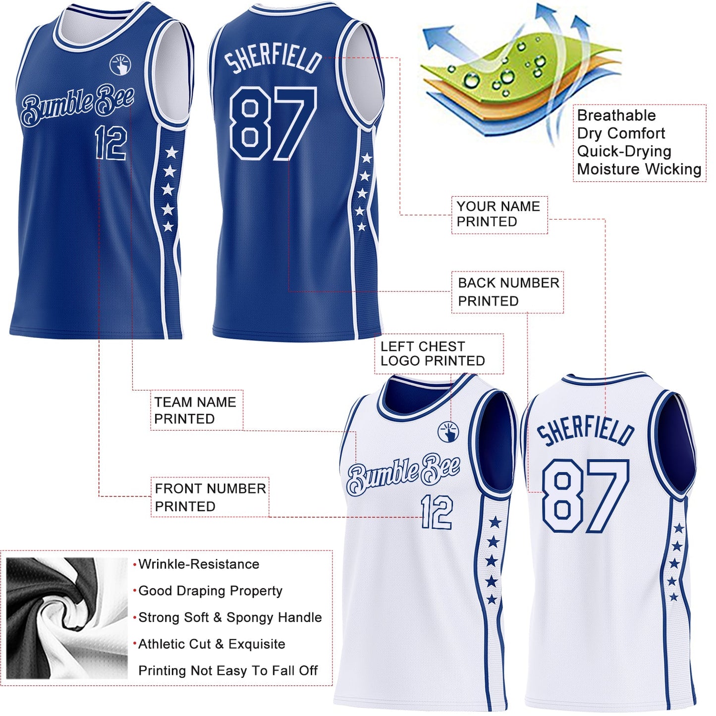 Custom Reversible Royal White Double Side Star Sublimation Basketball Set Jersey view 5