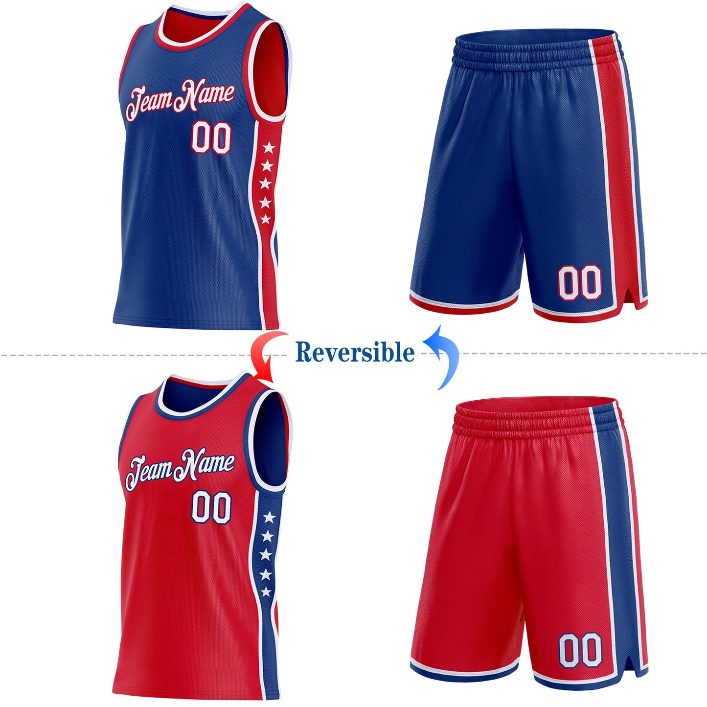 Custom Reversible Royal White-Red Double Side Star Sublimation Basketball Set Jersey view 2