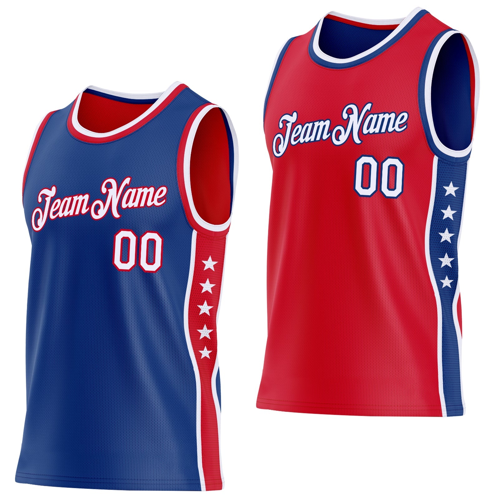 Custom Reversible Royal White-Red Double Side Star Sublimation Basketball Set Jersey - Main View