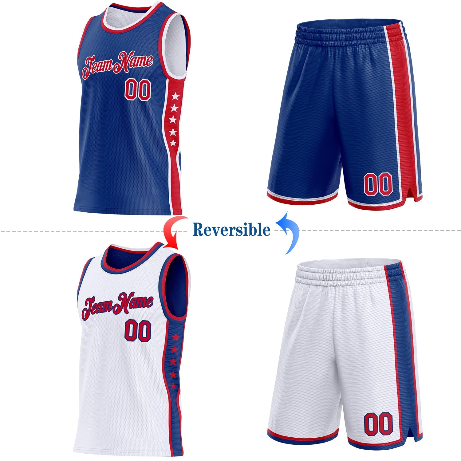 Custom Reversible Royal Red-White Double Side Star Sublimation Basketball Set Jersey view 2