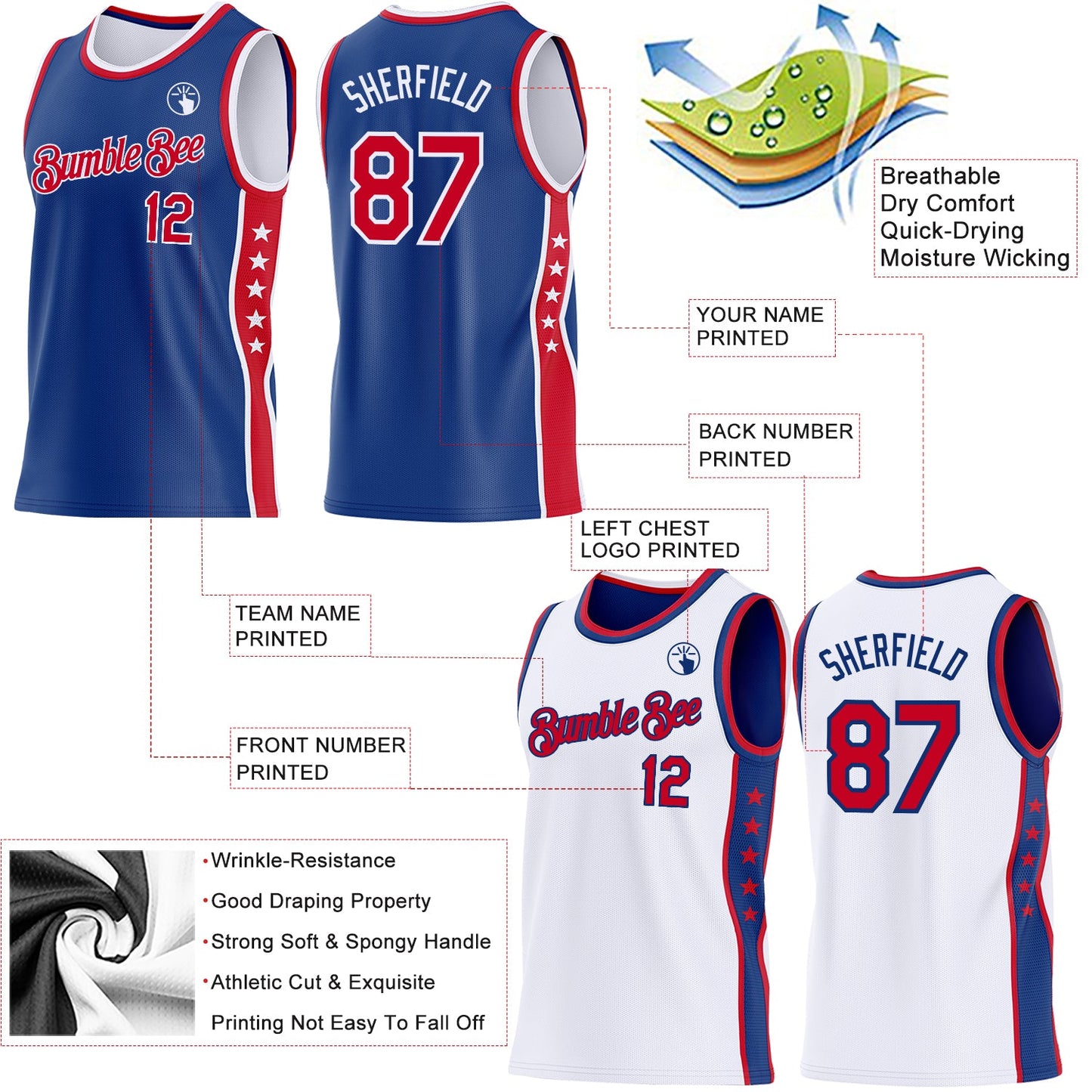 Custom Reversible Royal Red-White Double Side Star Sublimation Basketball Set Jersey view 5