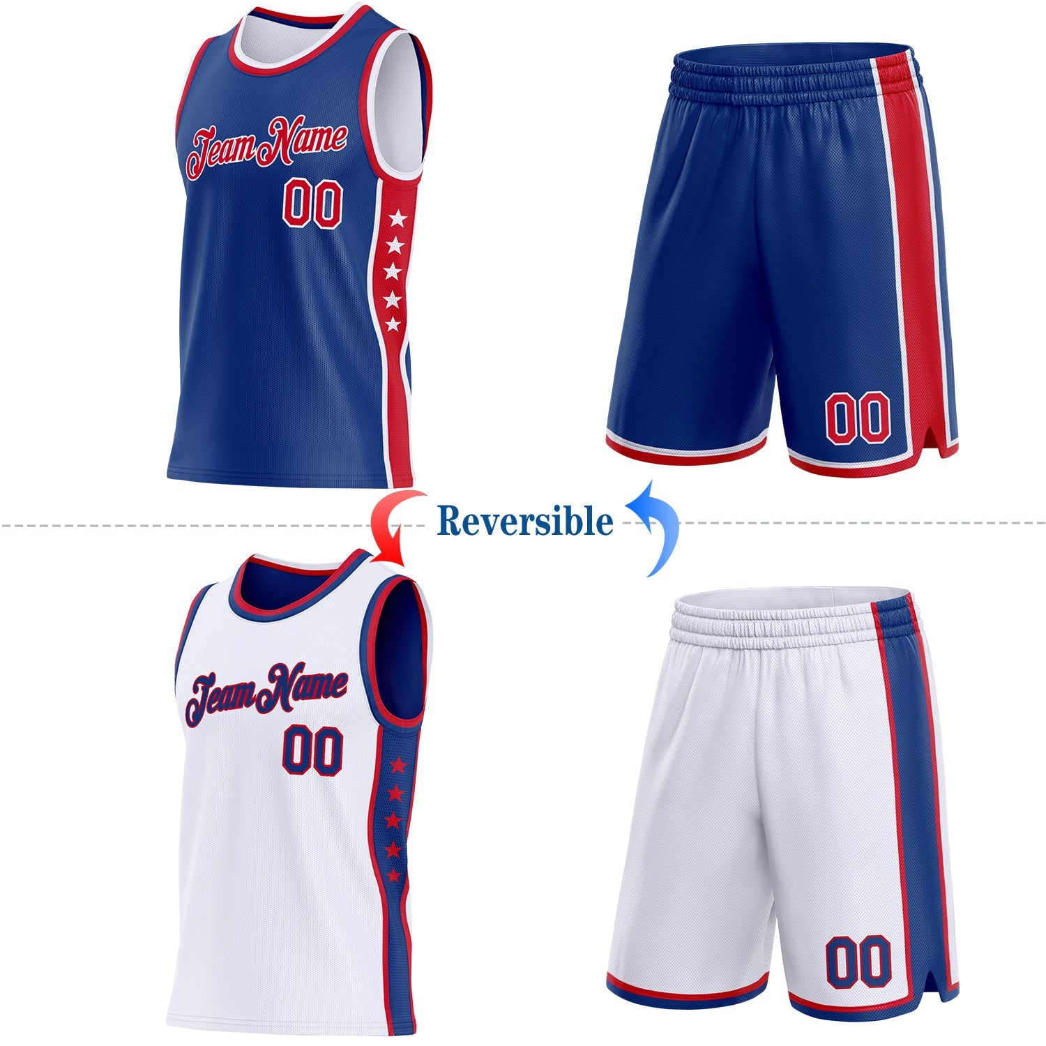 Custom Reversible Royal Red-White Double Side Star Sublimation Basketball Set Jersey view 2