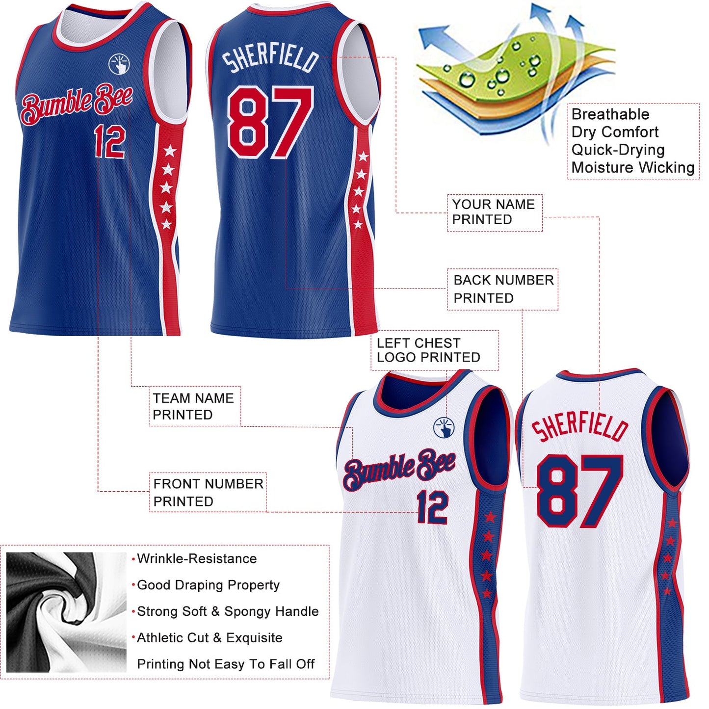 Custom Reversible Royal Red-White Double Side Star Sublimation Basketball Set Jersey view 5