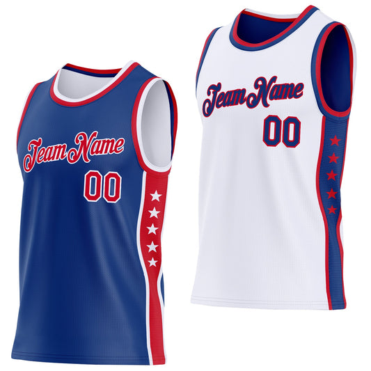 Custom Reversible Royal Red-White Double Side Star Sublimation Basketball Set Jersey - Main View