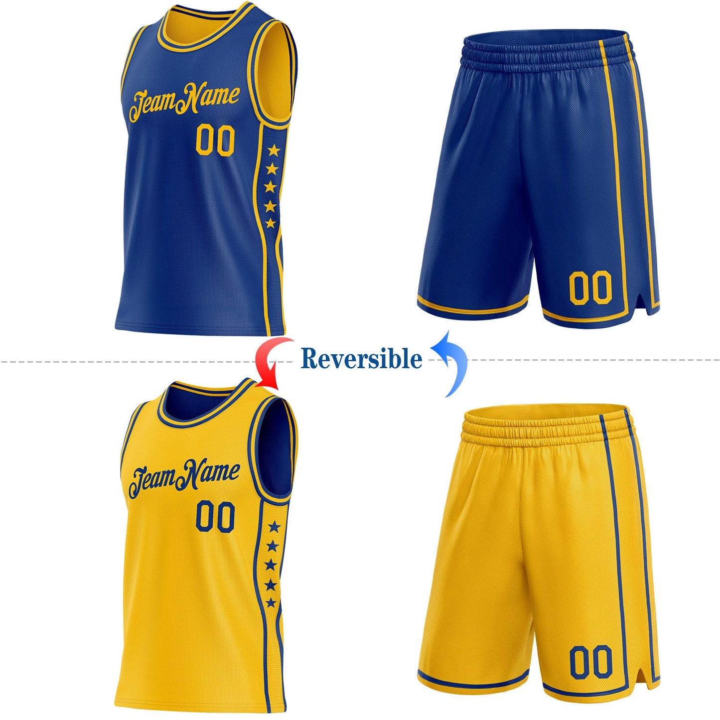 Custom Reversible Royal Gold Double Side Star Sublimation Basketball Set Jersey view 2