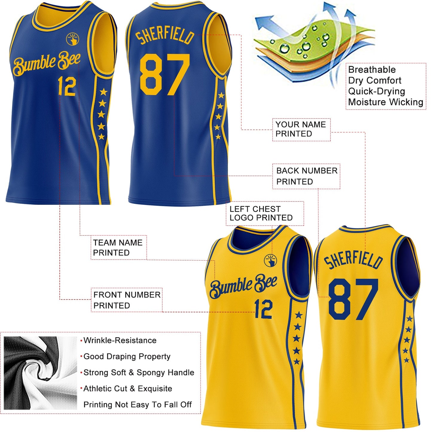Custom Reversible Royal Gold Double Side Star Sublimation Basketball Set Jersey view 5
