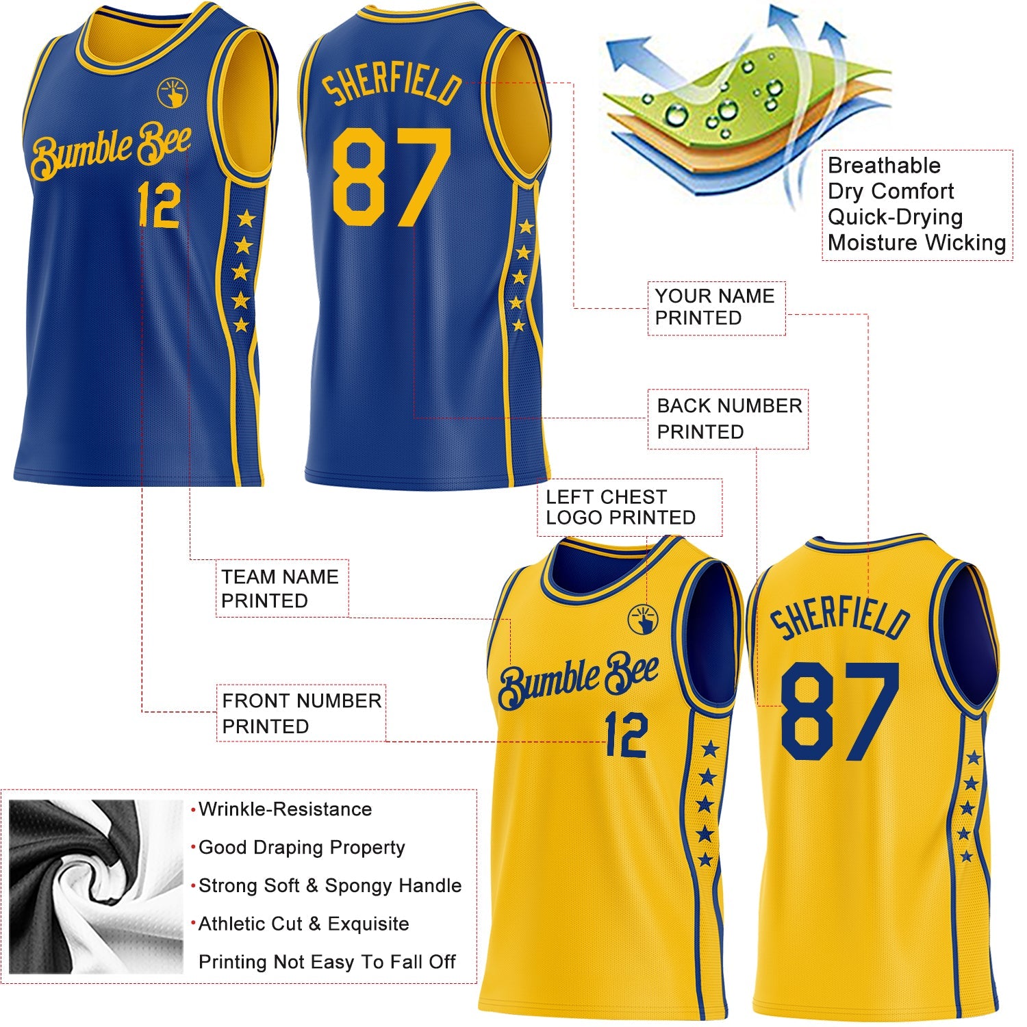 Custom Reversible Royal Gold Double Side Star Sublimation Basketball Set Jersey view 5