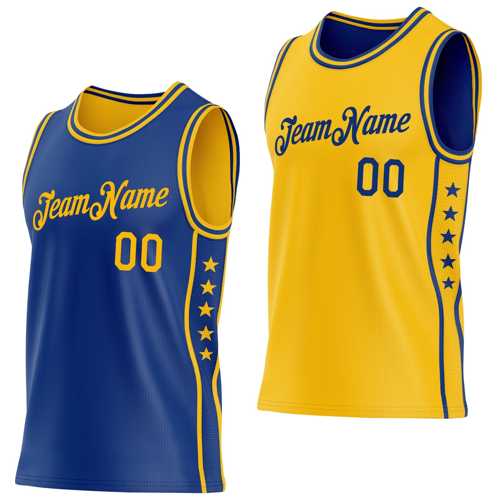 Custom Reversible Royal Gold Double Side Star Sublimation Basketball Set Jersey - Main View